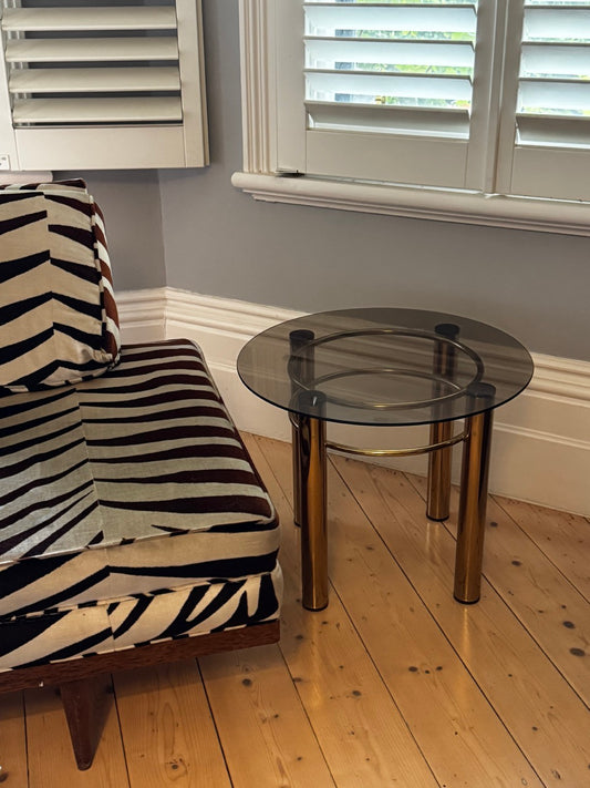 Smoked Glass and Brass Tubular Side Table