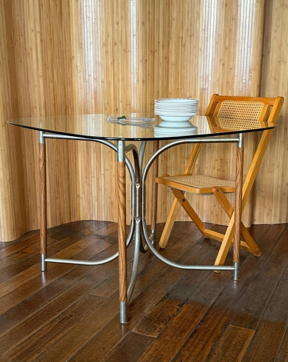 Round Glass, Oak and Chrome Dining Table