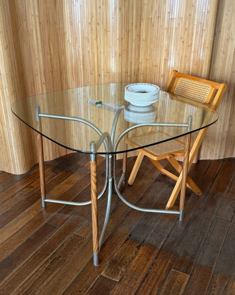 Round Glass, Oak and Chrome Dining Table