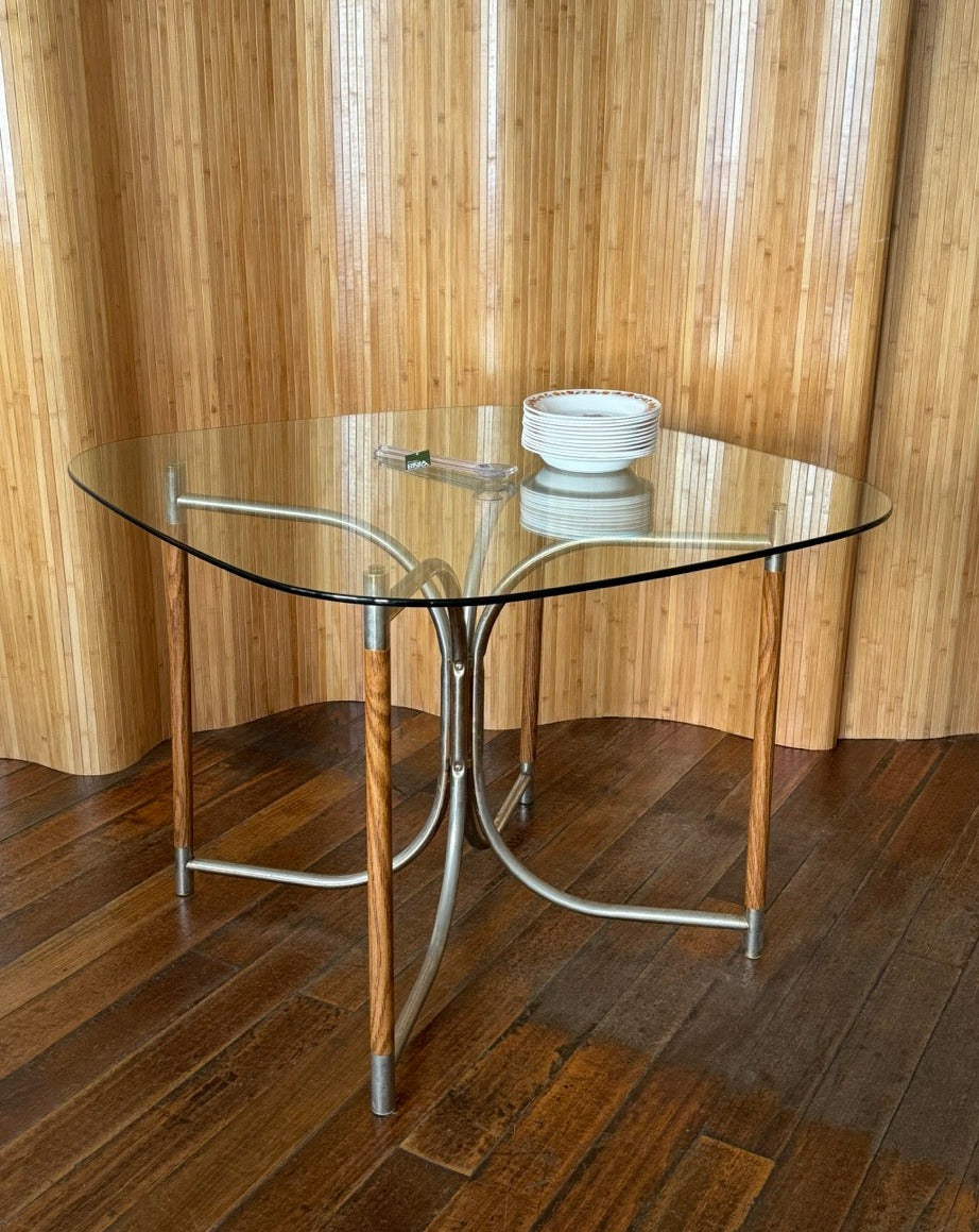 Round Glass, Oak and Chrome Dining Table