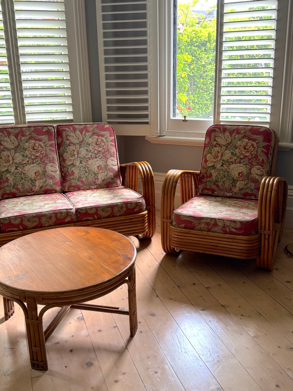 Vintage Rattan Pretzel Lounge Suite with Floral Upholstery