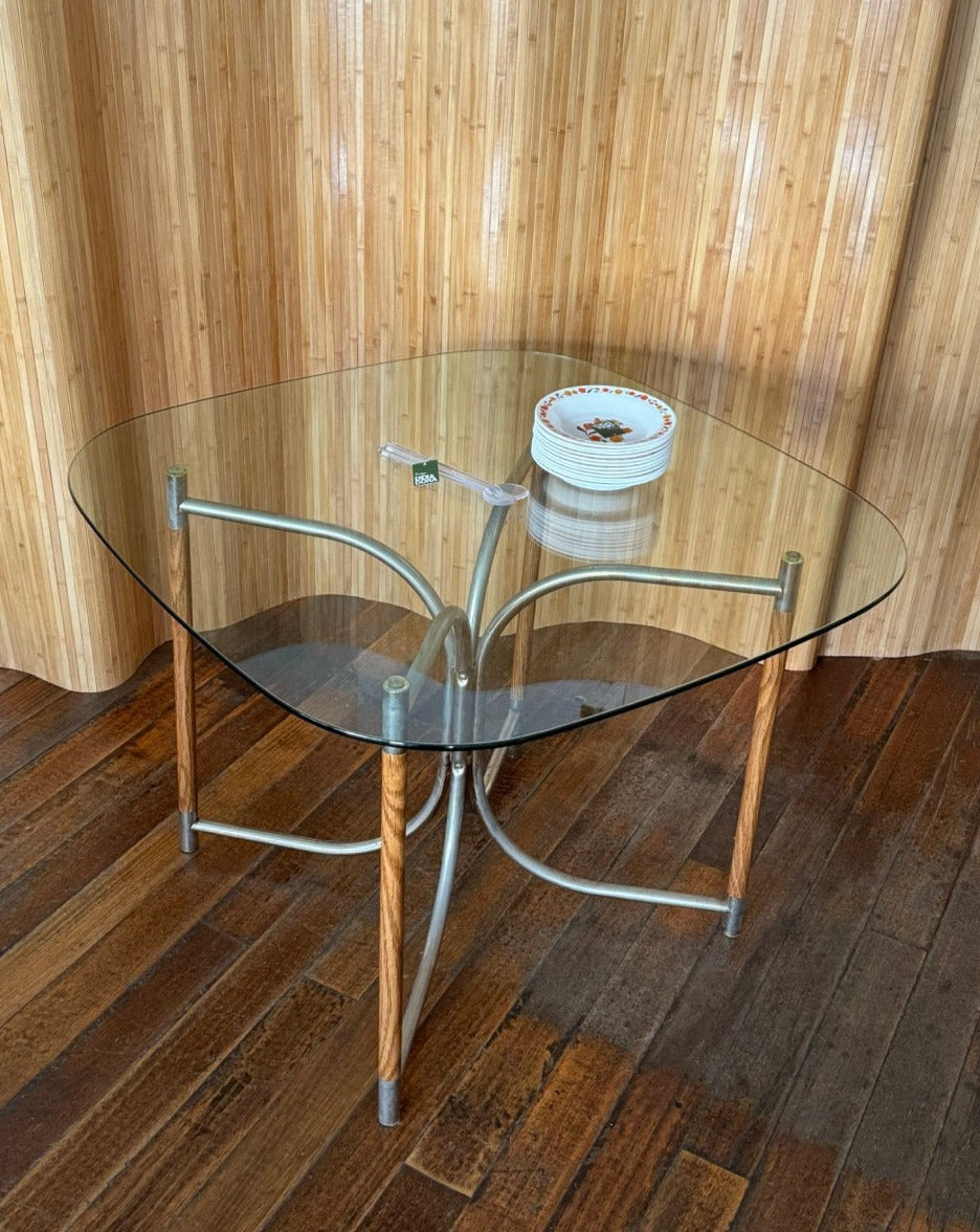 Round Glass, Oak and Chrome Dining Table