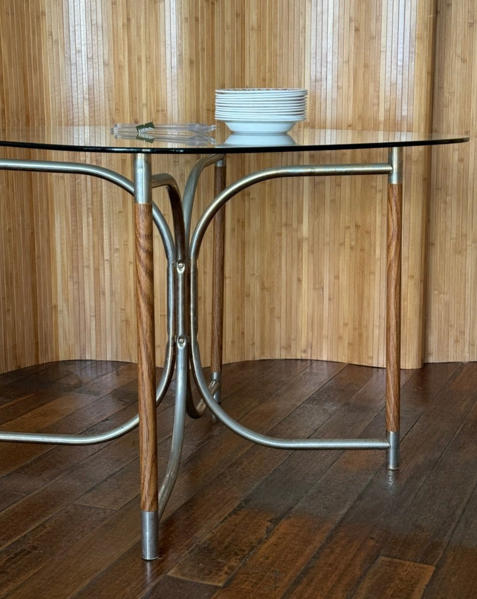 Round Glass, Oak and Chrome Dining Table