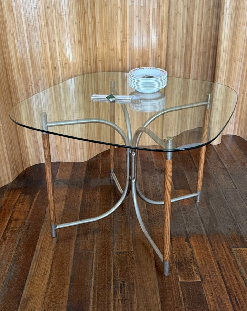 Round Glass, Oak and Chrome Dining Table