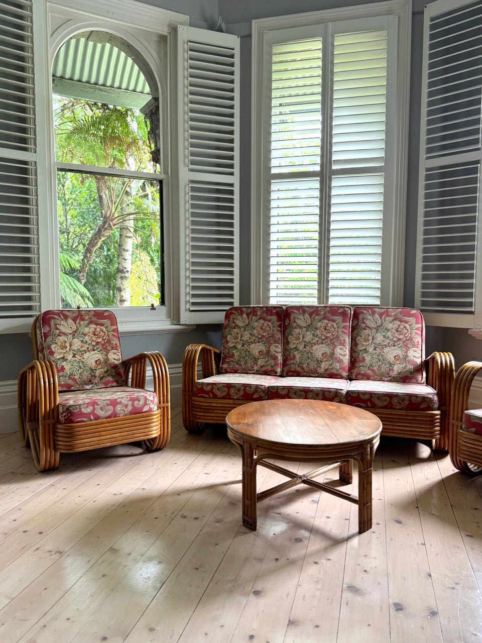 Vintage Rattan Pretzel Lounge Suite with Floral Upholstery