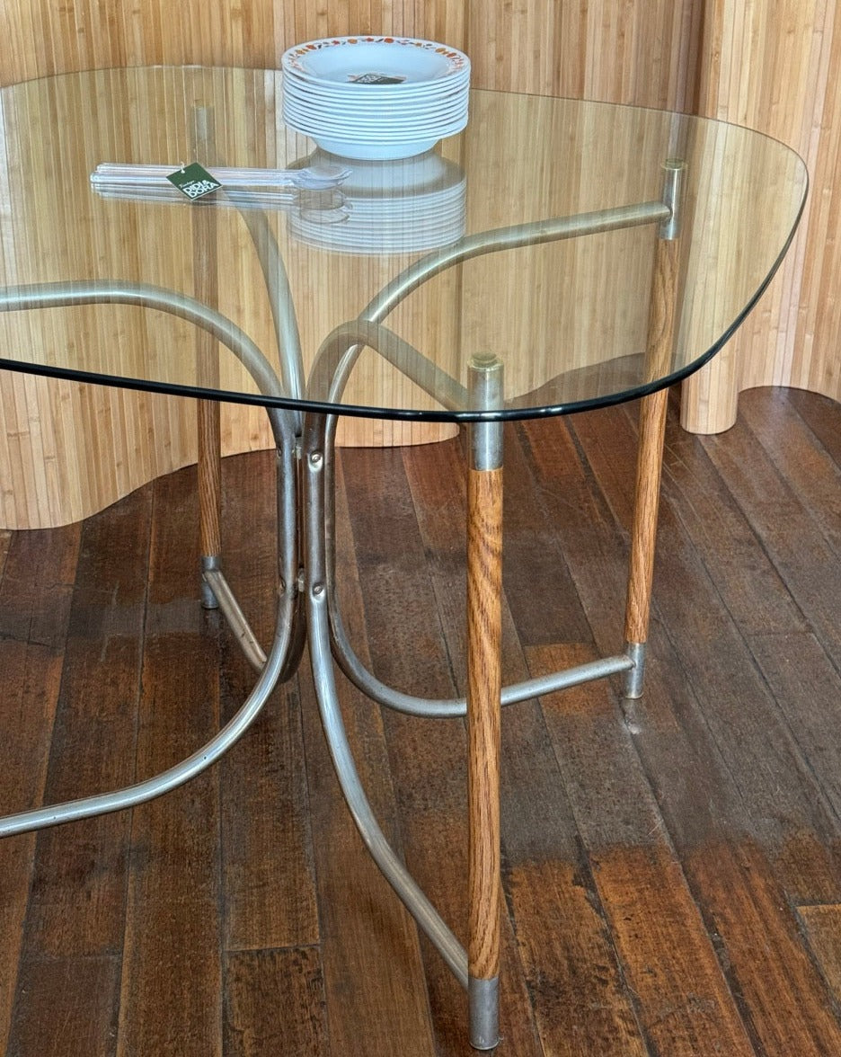 Round Glass, Oak and Chrome Dining Table