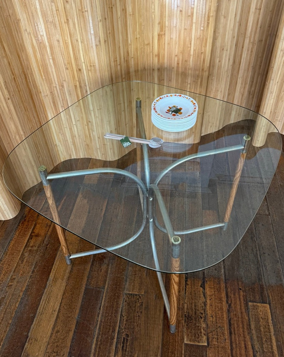 Round Glass, Oak and Chrome Dining Table