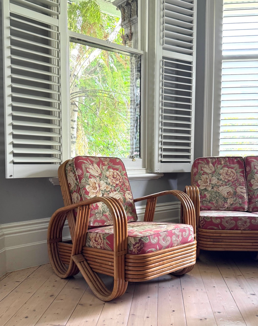 Vintage Rattan Pretzel Lounge Suite with Floral Upholstery