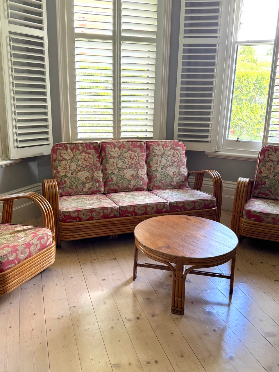 Vintage Rattan Pretzel Lounge Suite with Floral Upholstery