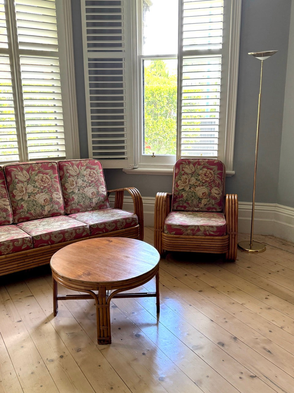 Vintage Rattan Pretzel Lounge Suite with Floral Upholstery