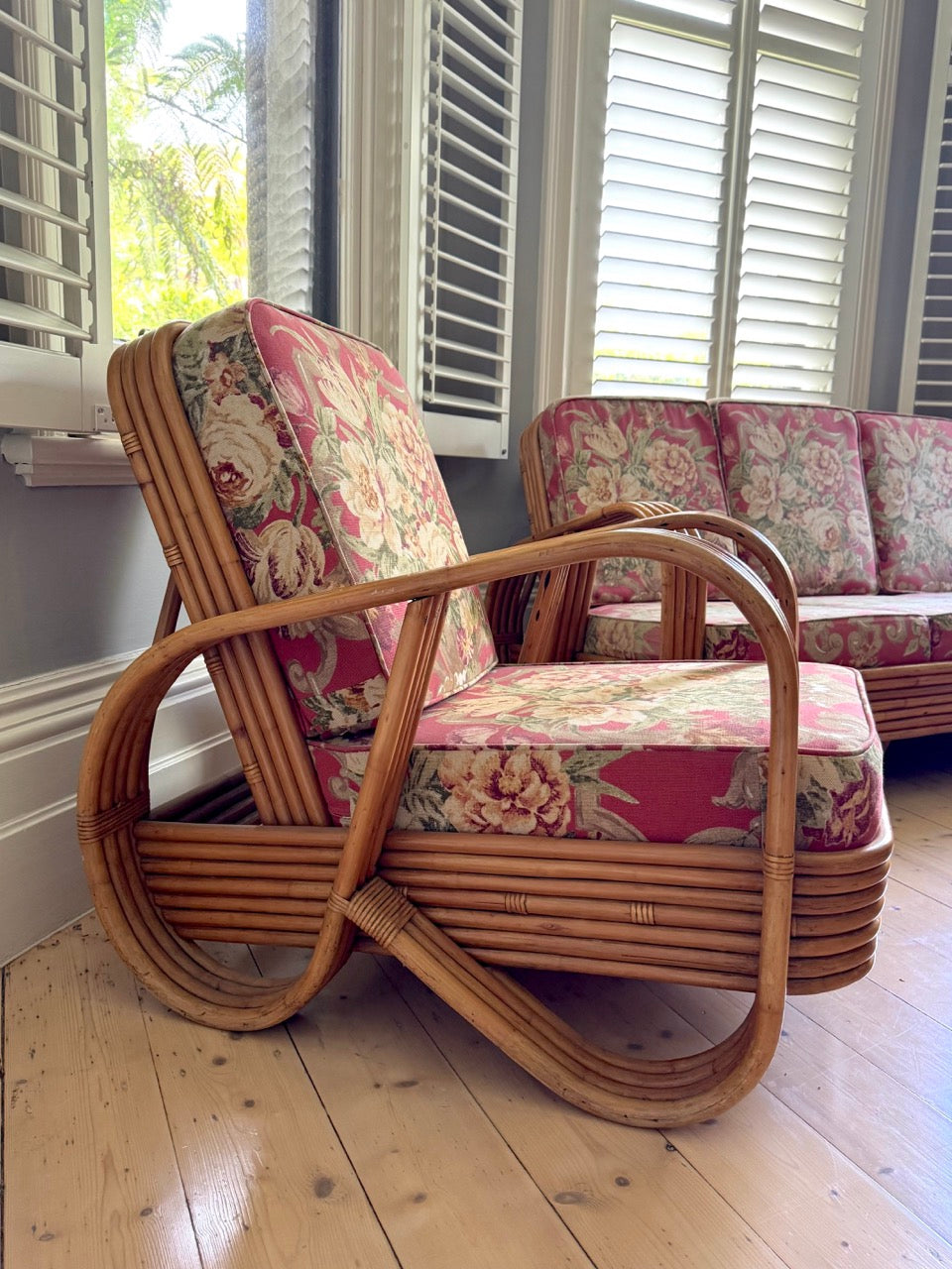 Vintage Rattan Pretzel Lounge Suite with Floral Upholstery