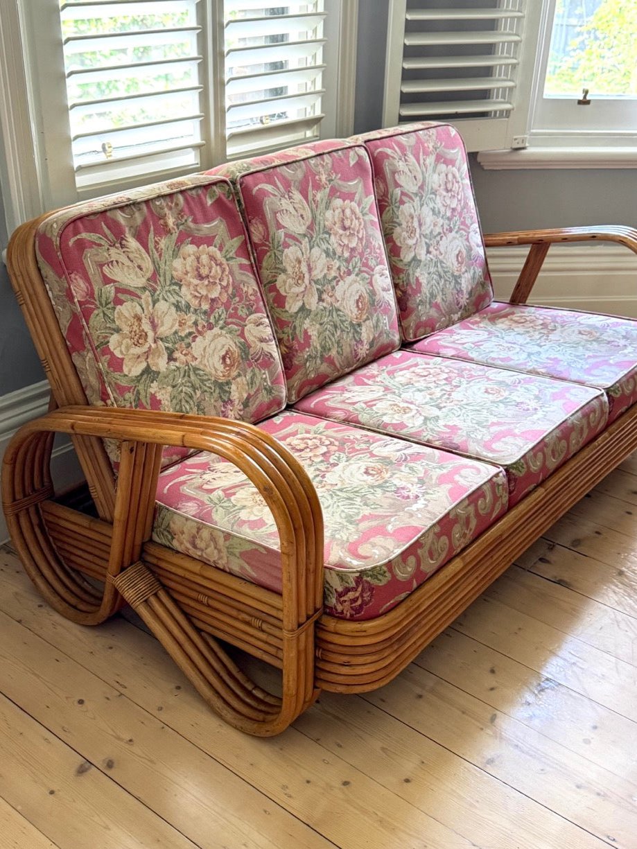 Vintage Rattan Pretzel Lounge Suite with Floral Upholstery