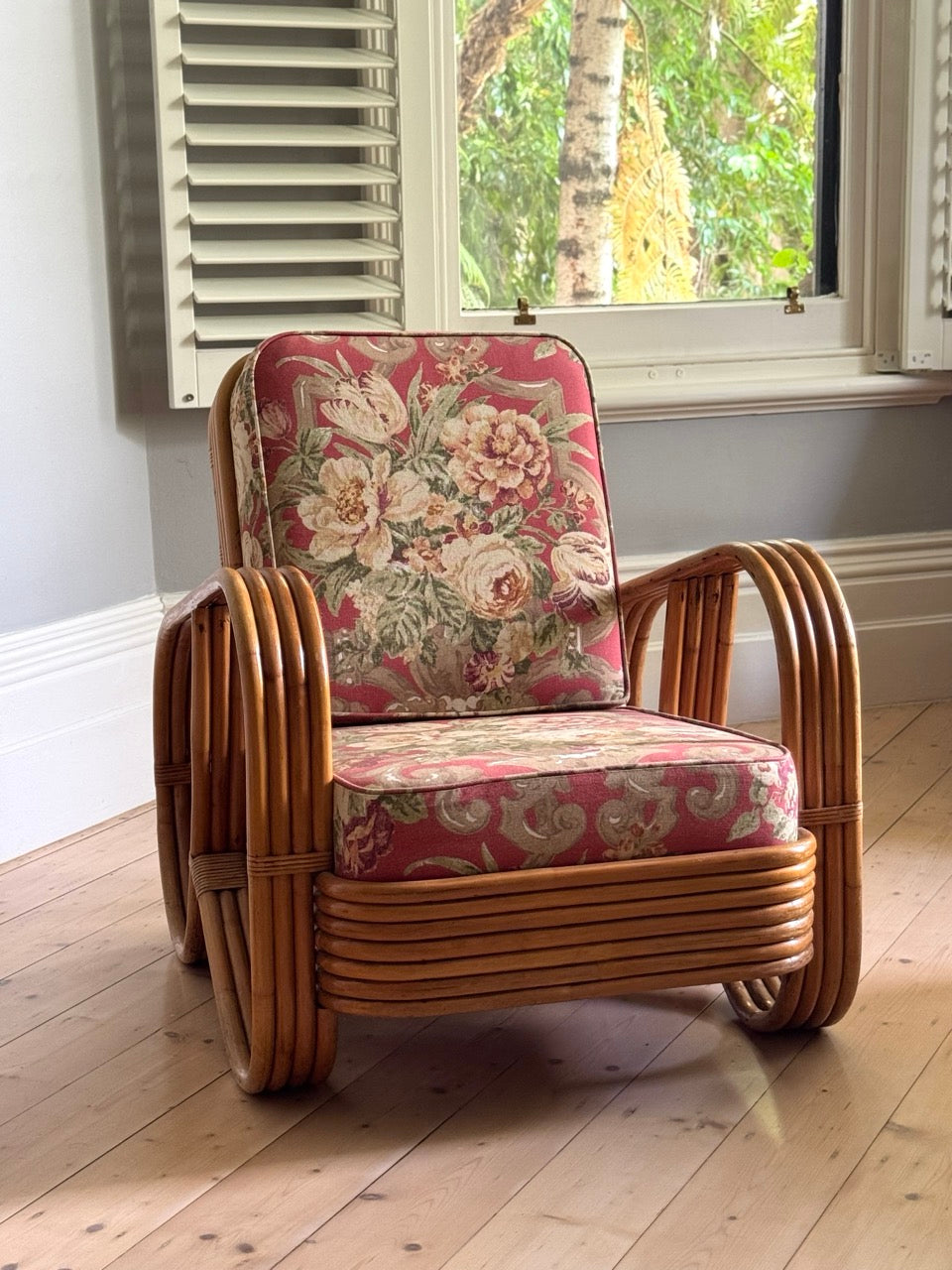 Vintage Rattan Pretzel Lounge Suite with Floral Upholstery