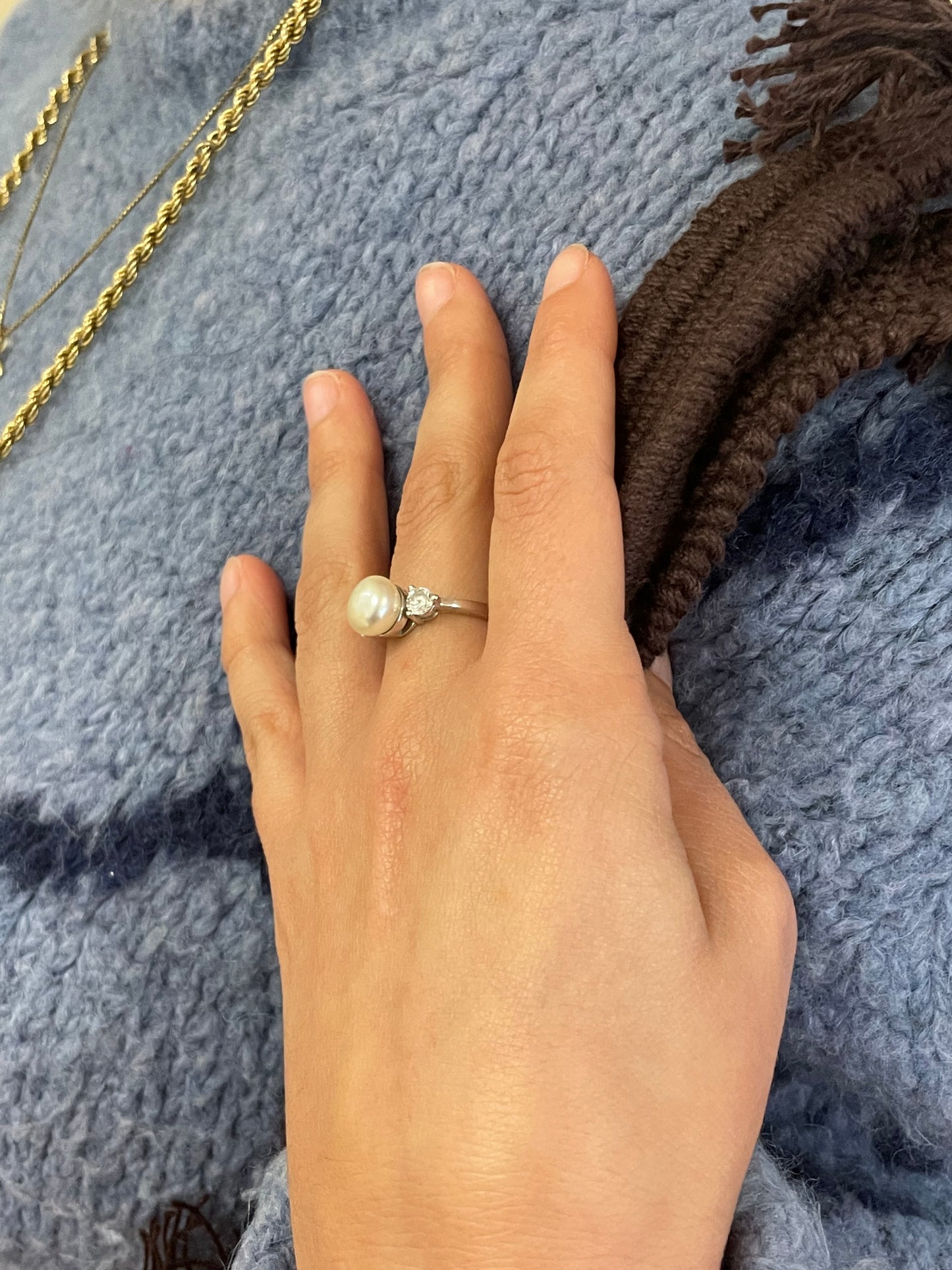 Freshwater Pearl and White Stone Ring in 14CT White Gold