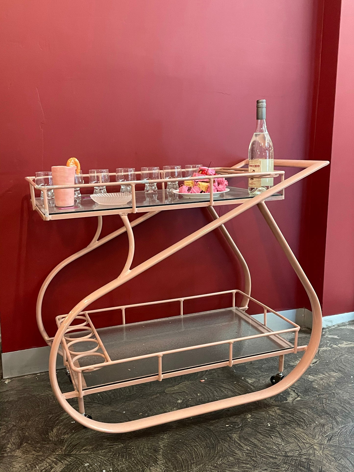 Pink Chrome and Glass Drinks Trolley