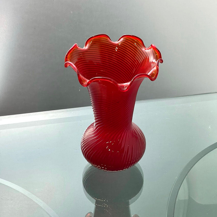 Red Glass Vase with Frill Detail