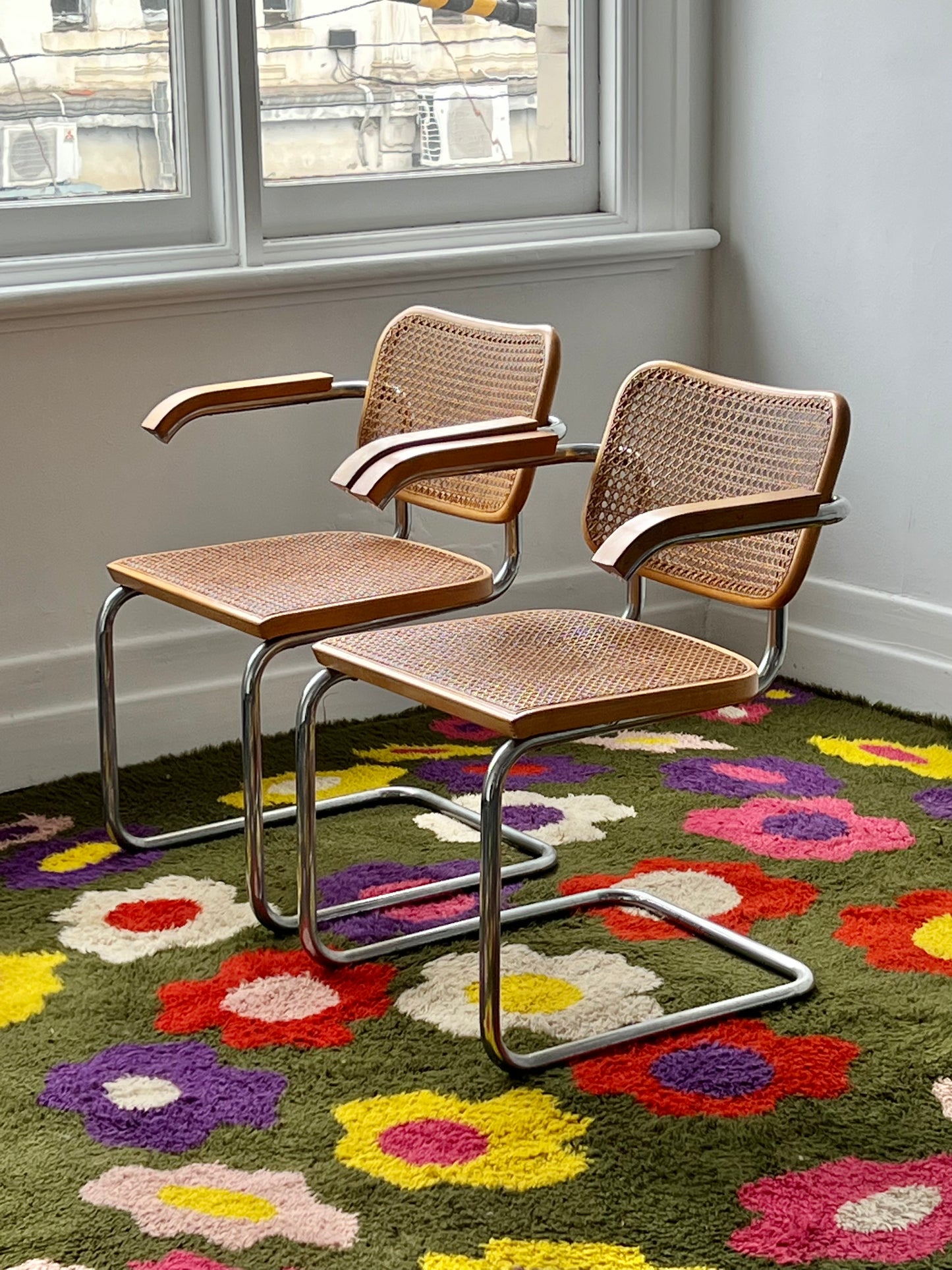 Pair of Marcel Breuer Cane Cesca Armed Chairs by Knoll Produced by Gavina