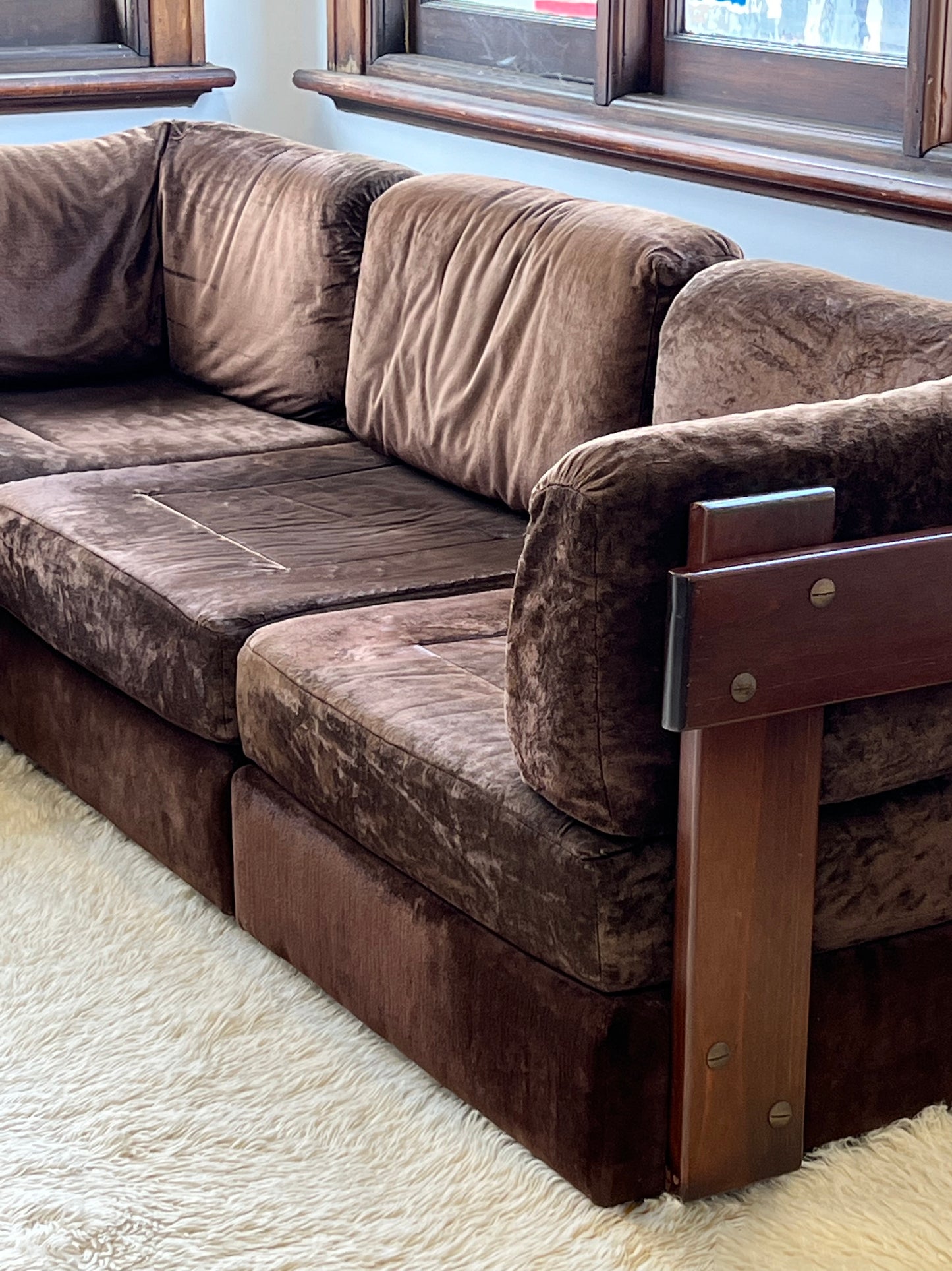 Brown Velvet Post and Rail Modular Sofa