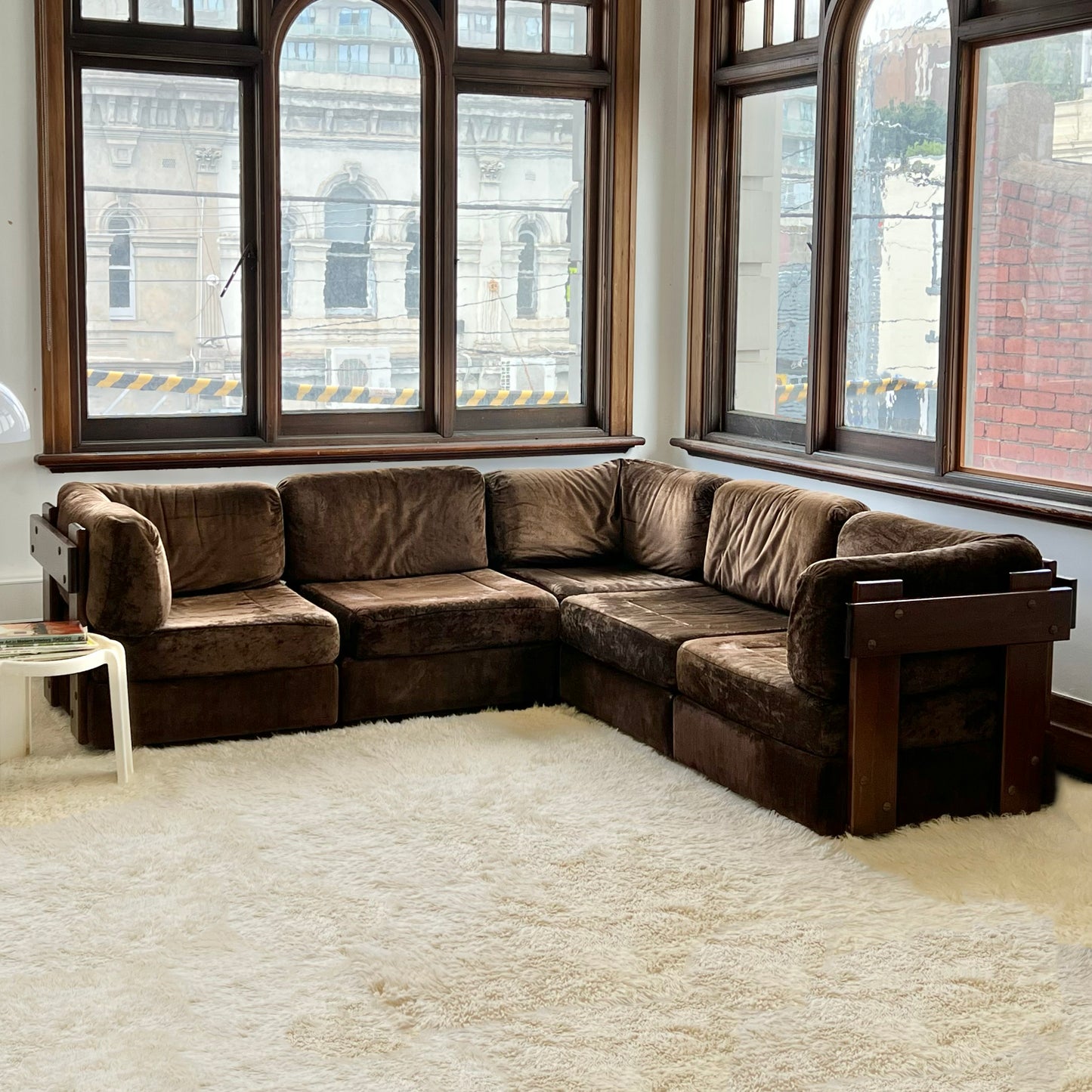 Brown Velvet Post and Rail Modular Sofa