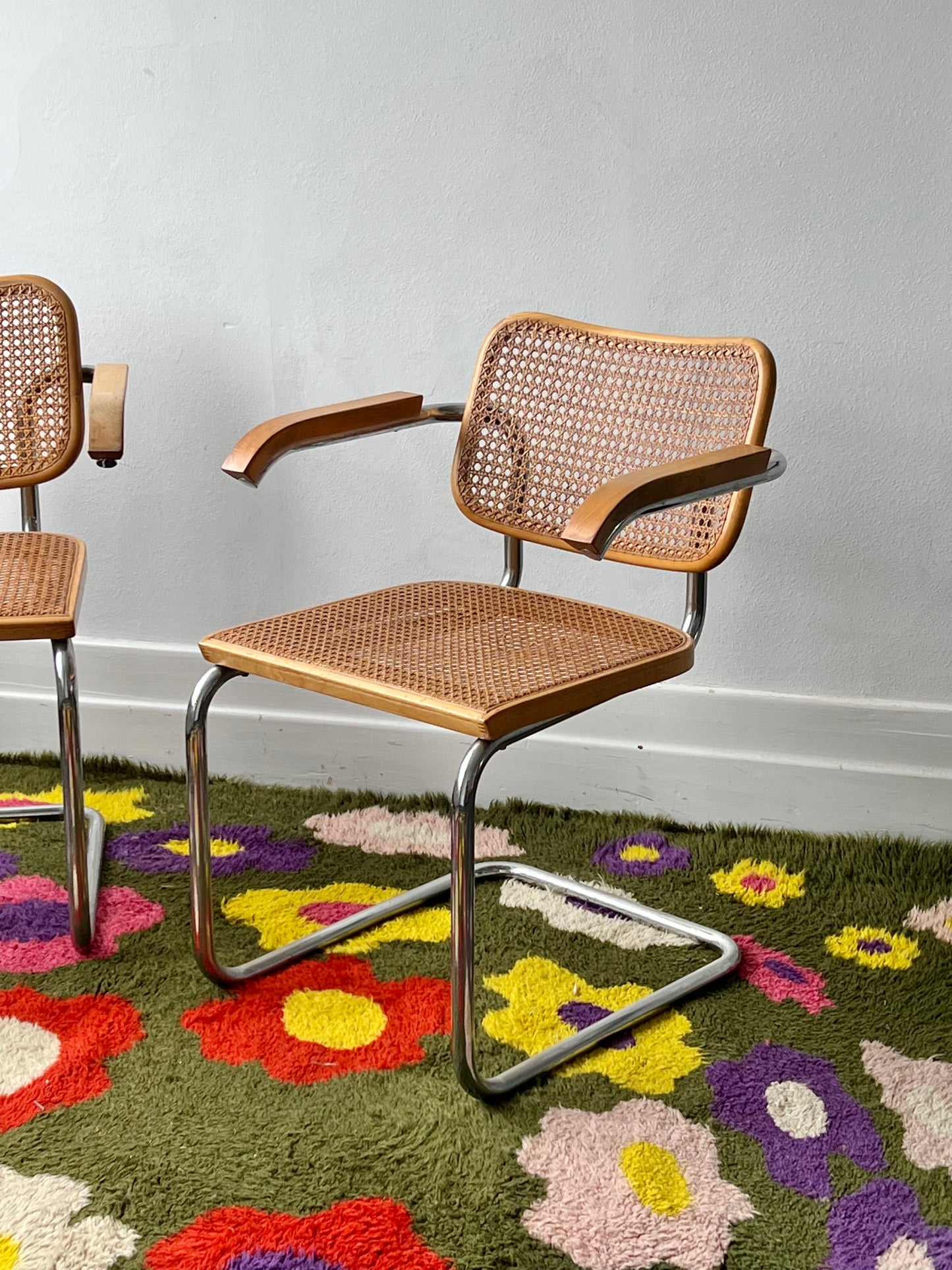 Pair of Marcel Breuer Cane Cesca Armed Chairs by Knoll Produced by Gavina