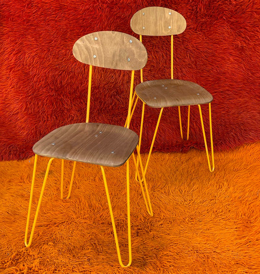 Pair of Wooden Chairs with Orange Chrome Legs