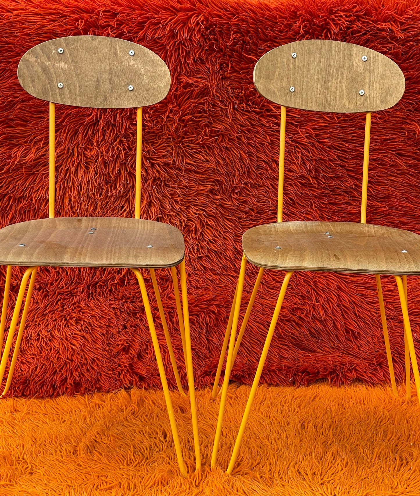 Pair of Wooden Chairs with Orange Chrome Legs